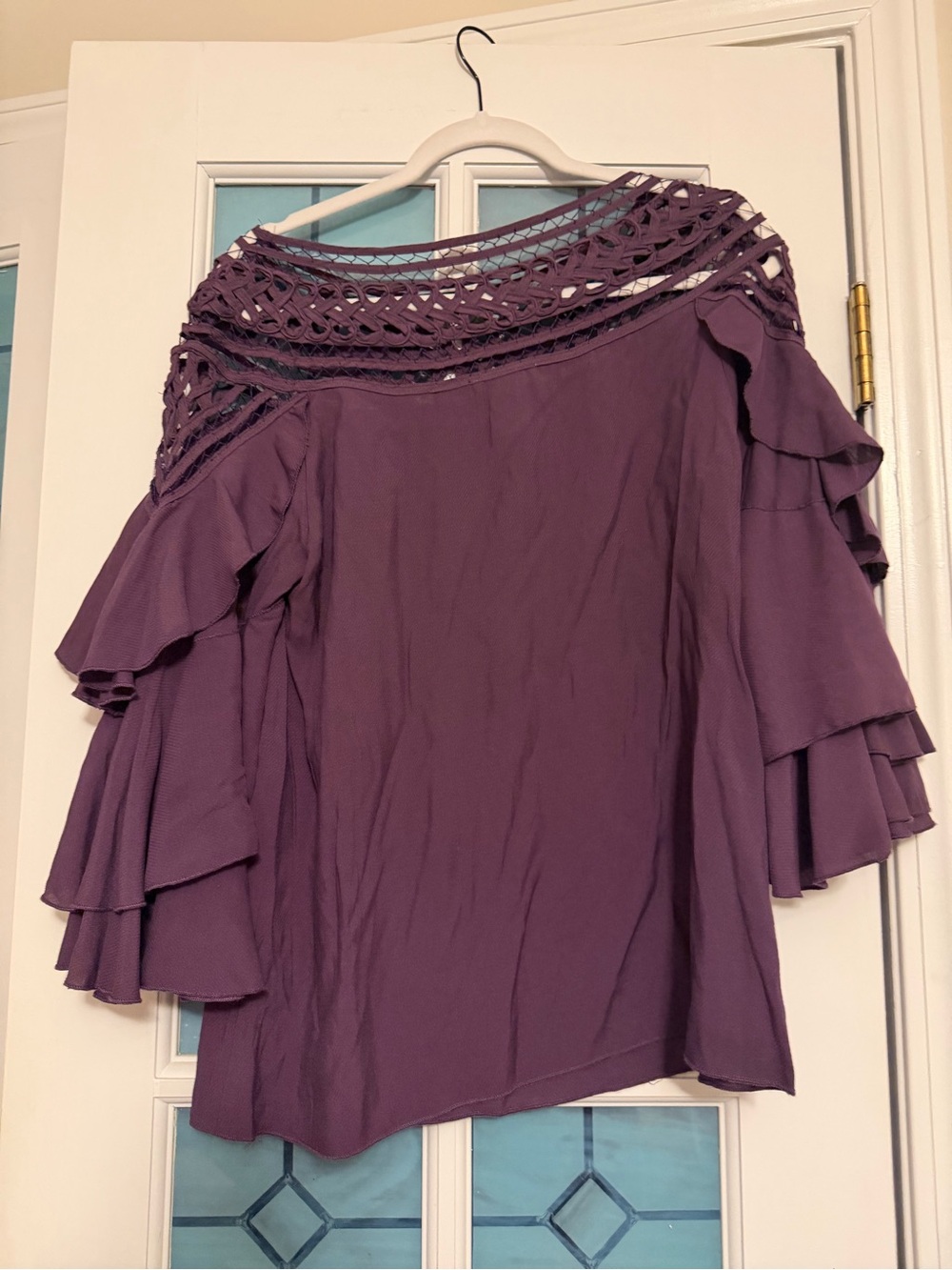 Esley Mauve Crochet Yoke Ruffle Sleeve Blouse - Picture 3 of 6